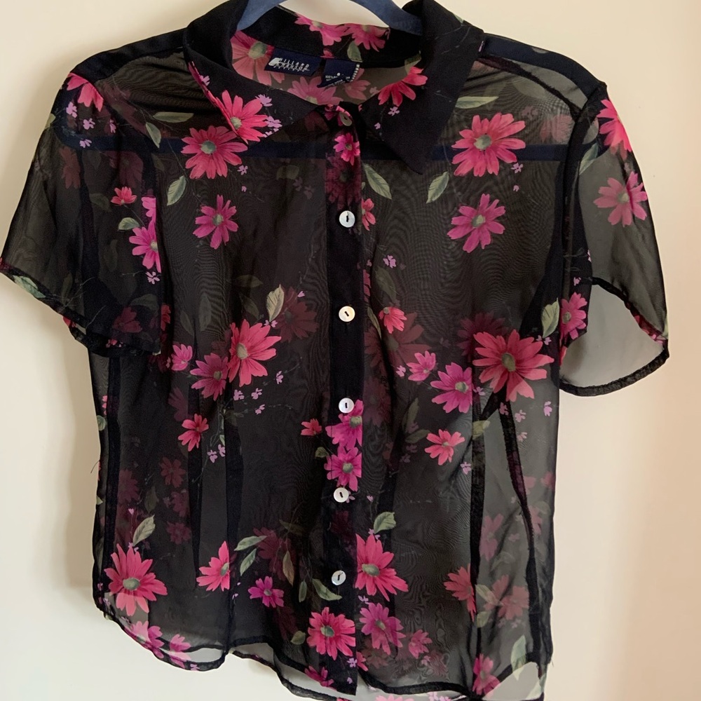 Floral Sheer Black Button Up